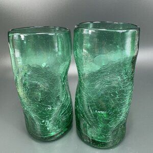 Crackle Green Glass Tumbler Pinched Dimpled Tumblers Cups Glasses Vintage Set 2